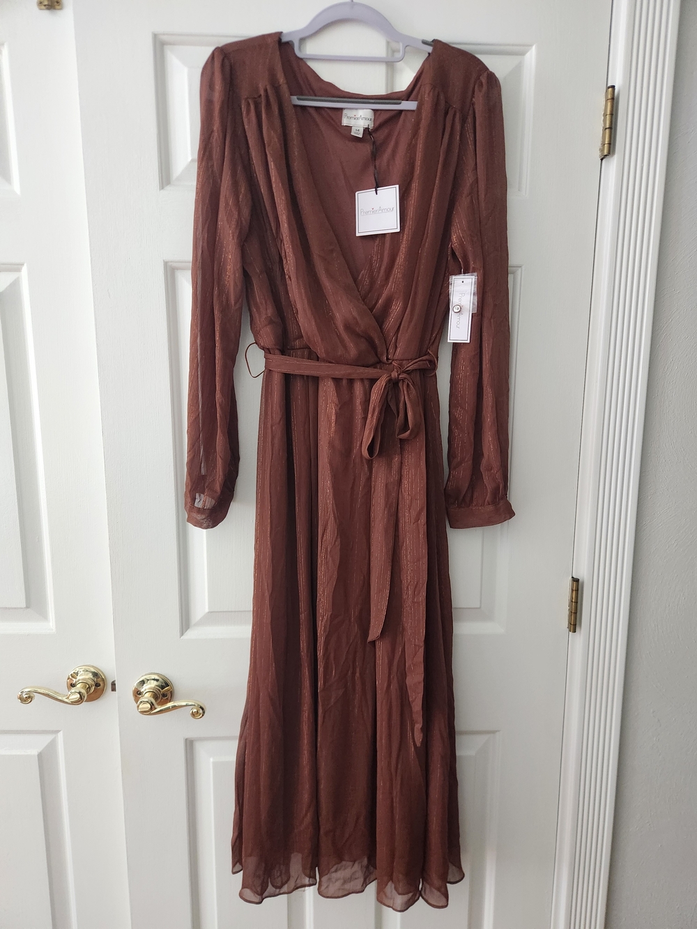 New Premier Amour Long Sleeve Copper Brown Maxi V-Neck Dress Formal, Size 14